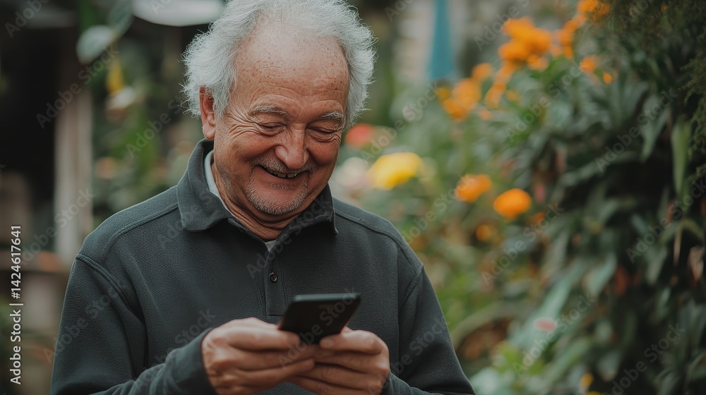 Man smiling while holding a smartphone in a vibrant flower shop during a sunny afternoon surrounded by colorful blooms Man smiling while holding a smartphone in a vibrant flower shop during a sunny afternoon surrounded by colorful blooms