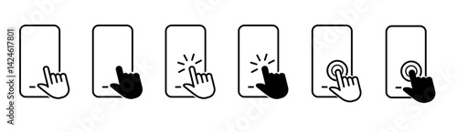 Mobile phones. Smartphone Line Icons. Hand holding smartphone. Hand white touch screen and click on the mobile phone. Mobile phone icons