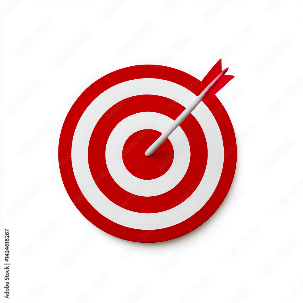 Red target with arrow in center on white background Red target with arrow in center on white background