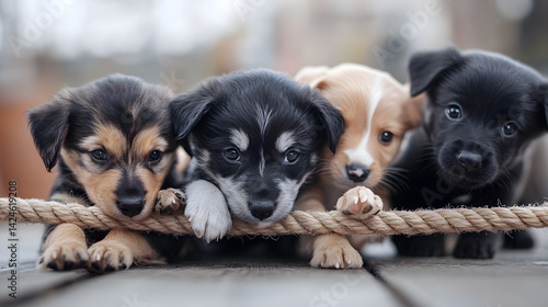 A group of puppies playfully tugging on a large rope, their teeth clamped onto it with determination.