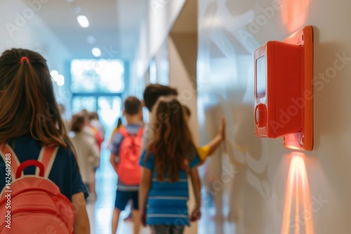 fire alarm on school wall with children participating in safety drill. scene captures importance of safety education in schools