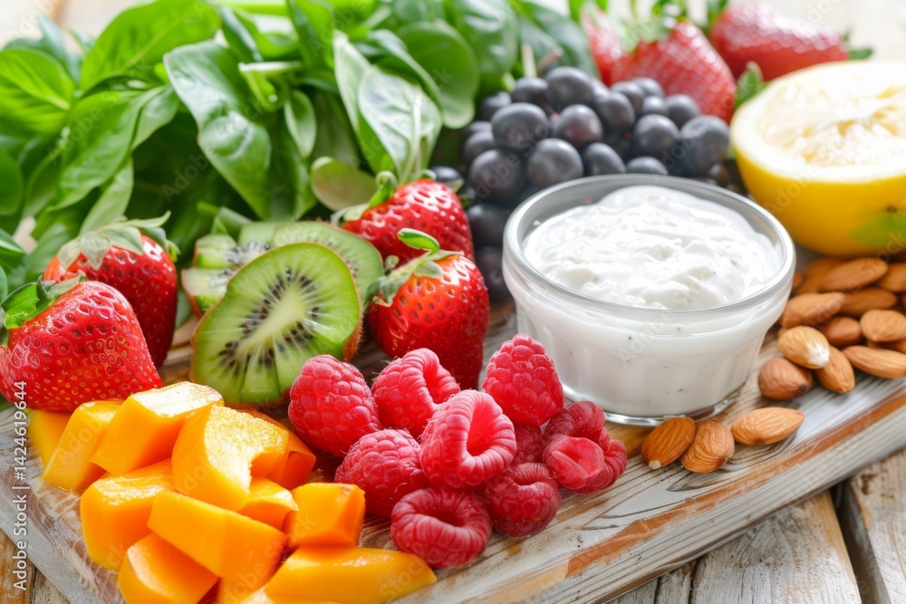 Fresh fruits and vegetables with almonds and dip on a board Fresh fruits and vegetables with almonds and dip on a board