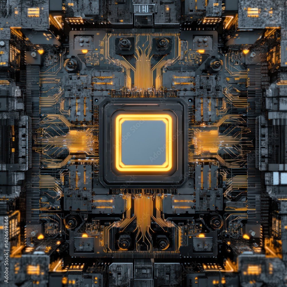 Fototapeta premium Complex technological system featuring a glowing central processor.