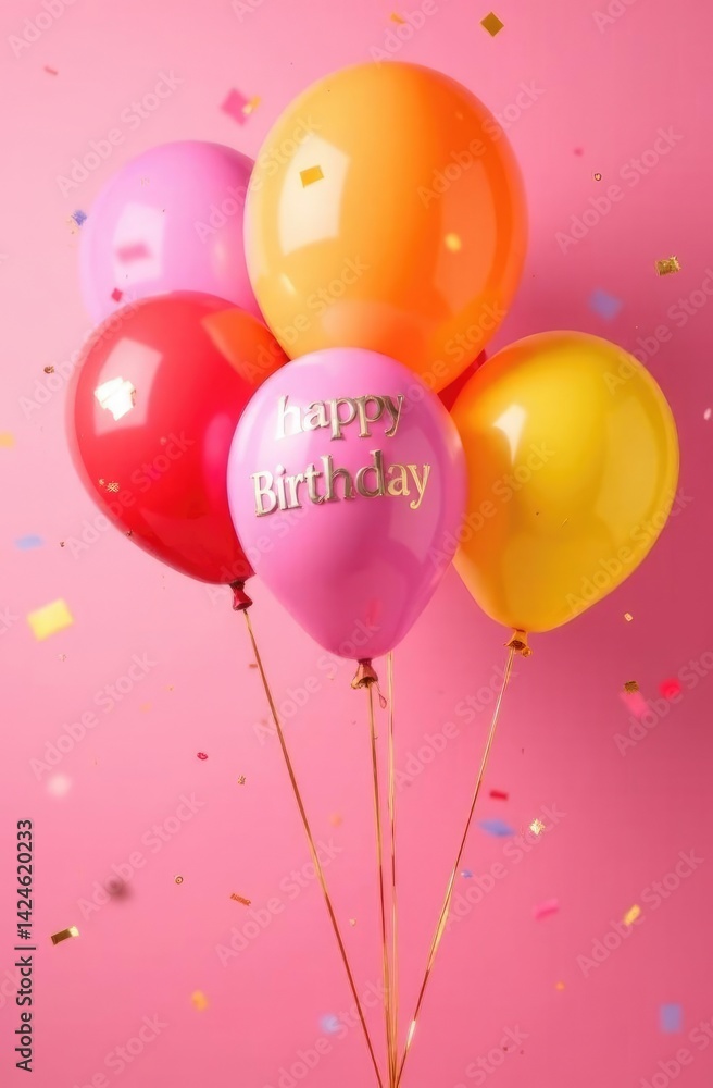 Festive confetti on background. Bunch of colorful balloons on pink background. Birthday concept. Festive confetti on background. Bunch of colorful balloons on pink background. Birthday concept.