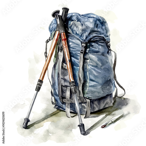 Trekking pole folded for packing, watercolor illustration, isolated on a white background.

