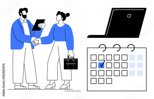 Wallpaper Mural Businesspeople shaking hands, carrying documents and briefcase, with calendar and laptop. Ideal for teamwork, management, planning, meetings, partnership scheduling organization. Flat simple Torontodigital.ca