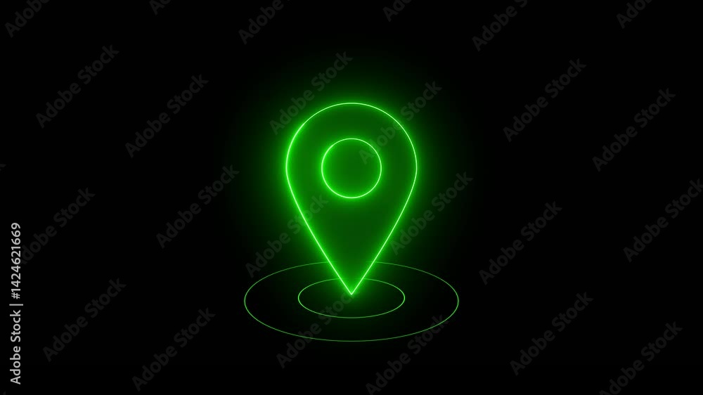 Glowing neon location icon and radio waves animation with black background. Glowing neon location icon and radio waves animation with black background.