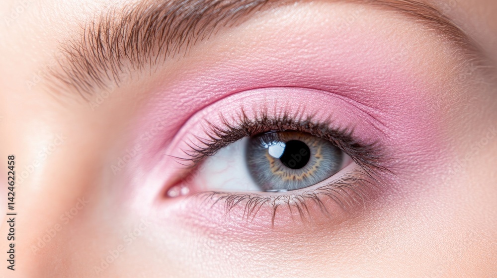 Fototapeta premium Close-up of a woman's eye with delicate pink eyeshadow