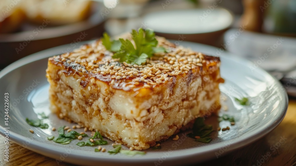 A close-up of a perfectly portioned serving of on a plate, with a sprinkle of sesame seeds or herbs, and a background of a neatly set dining table. A close-up of a perfectly portioned serving of on a plate, with a sprinkle of sesame seeds or herbs, and a background of a neatly set dining table.