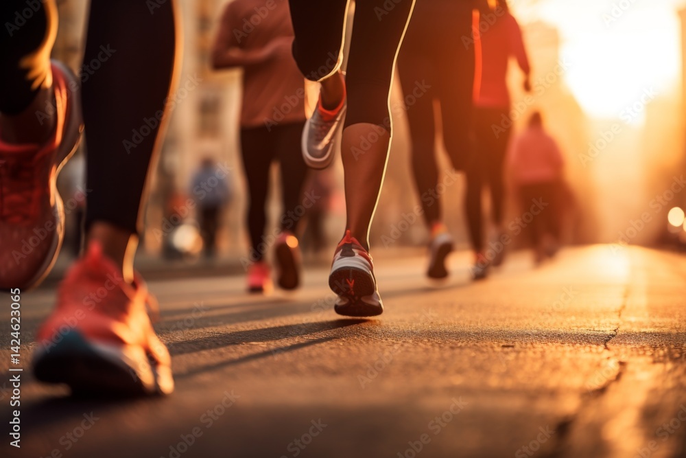 Fototapeta premium close up of feet of a group of runners in the city sunset jogging