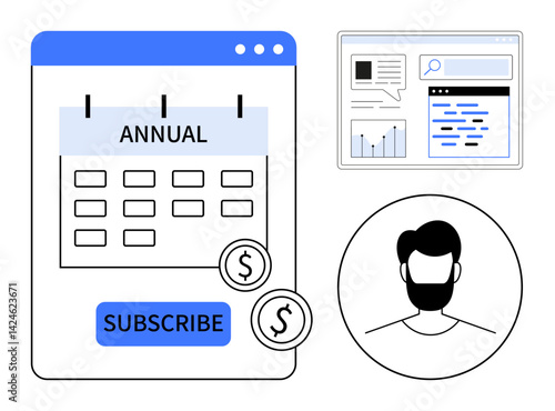 Annual subscription calendar with highlighted subscribe button, dollar icons. User profile and analytics dashboard include graphs, text blocks, and search. Ideal for fintech, data, service, analysis