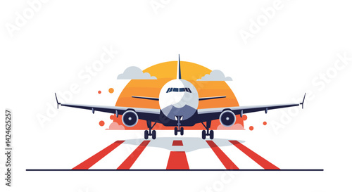 Airplane landing at sunset in a modern flat design  