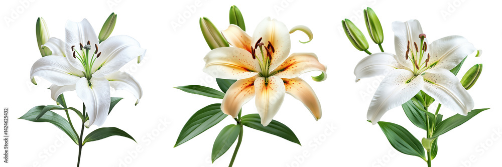 A single elegant lily with its petals gracefully unfurling, surrounded by green buds, cut out on a transparent background (2) A single elegant lily with its petals gracefully unfurling, surrounded by green buds, cut out on a transparent background (2)
