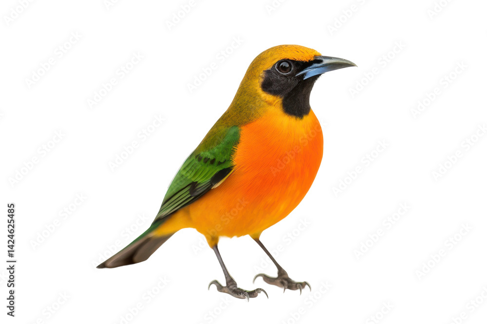 Obraz premium Vibrant tropical bird with orange and green plumage perched against a plain backdrop