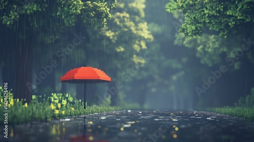 Wallpaper Mural A pixelated, rainy forest path with a red umbrella. Torontodigital.ca