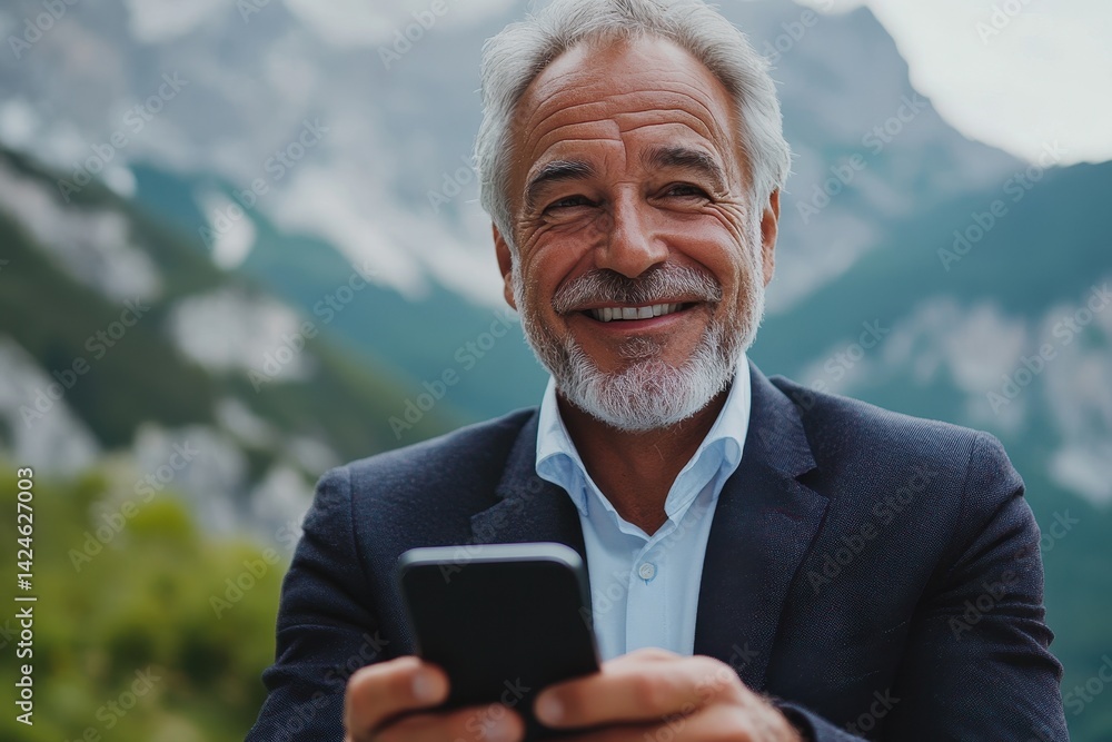 Senior man enjoying time outdoors while using a smartphone in a golden field during sunset