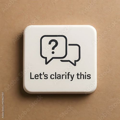A clean, hyper-realistic button icon labeled “Let’s clarify this,” featuring fragmented speech bubbles to symbolize communication alignment during mid-project confusion