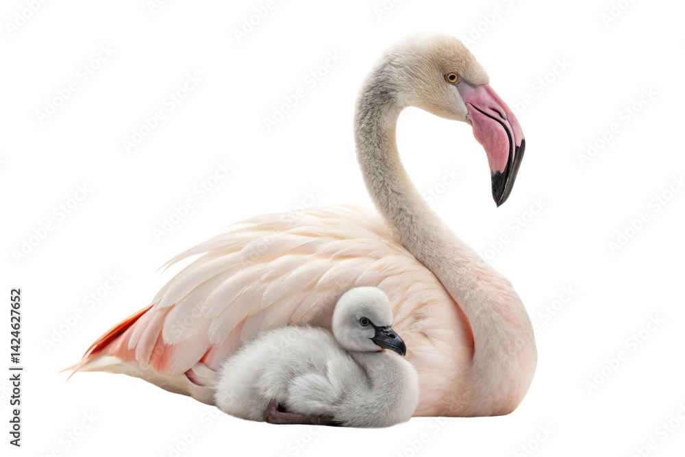 Fototapeta premium Flamingo caring for its chick in a serene setting, showcasing nurturing wildlife behavior for educational and creative purposes