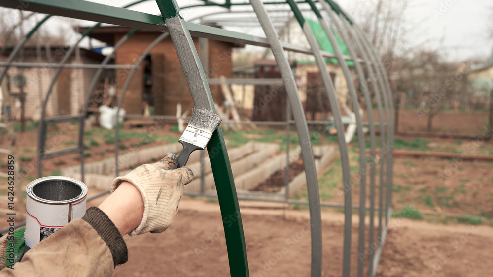 A man covers the metal frame of a greenhouse with anticorrosive paint. Men's hands with a brush and a can. In the background vegetable garden. Spring.