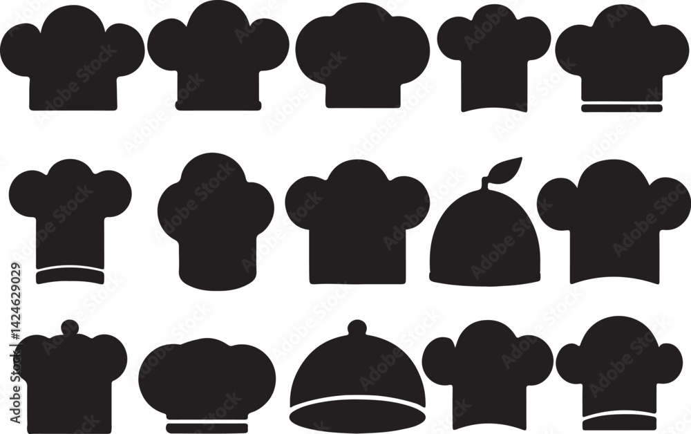 Elegant Chef Hat Silhouette Icons Set for Culinary or Restaurant Branding Elegant Chef Hat Silhouette Icons Set for Culinary or Restaurant Branding