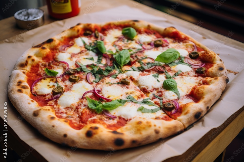 Neapolitan pizza margarita served in a cardboard box at home Neapolitan pizza margarita served in a cardboard box at home