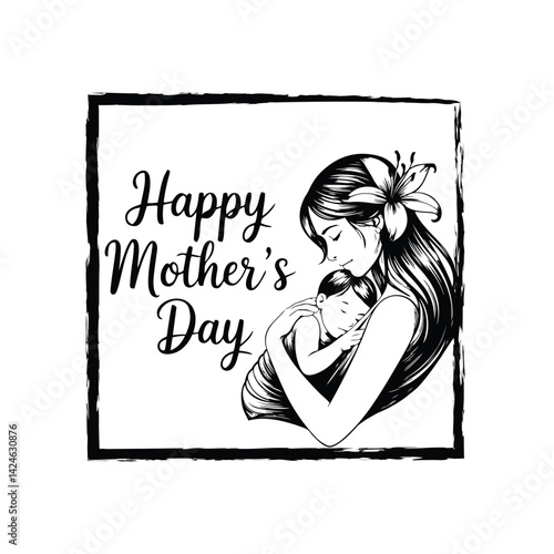 Happy mother's day vector art illustration design template. Happy mother's day illustration of a mother and child. This black and white line art graphic depicts a loving mother cradling a baby.