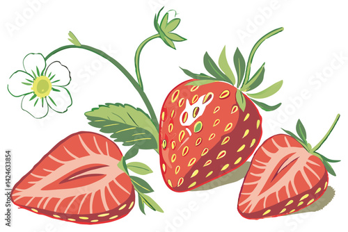50 Fresh strawberries, vibrant red, green stems, realistic watercolor, white background, botanical illustration, juicy fruit, clean design, minimalist, organic, farm-fresh, summer harvest, hand-painte