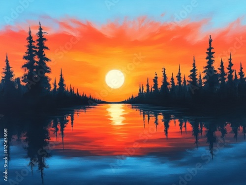 色とりどりの夕日が湖に映り、木々がシルエットのように佇む静寂な瞬間。