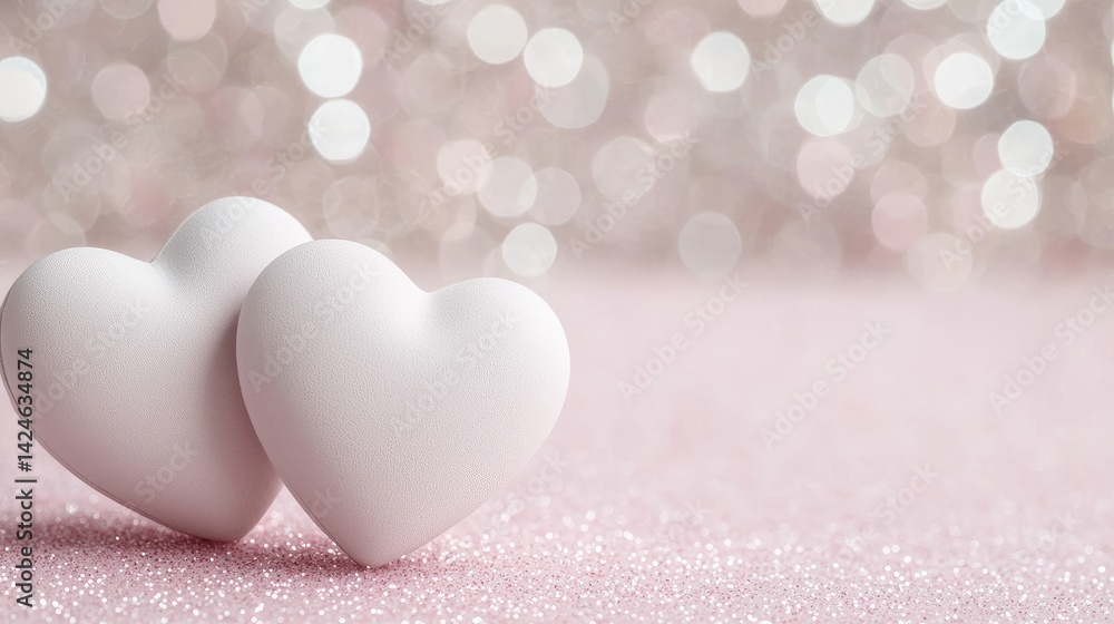 Fototapeta premium Two touching white hearts on a pink glittery surface, soft bokeh background
