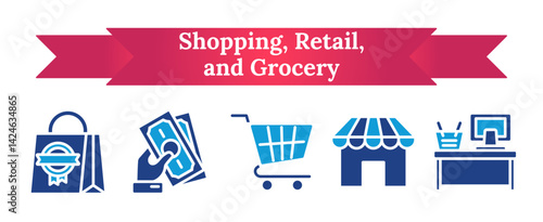 Shopping - retail, grocery and and payment icon sheet vector dual tone
