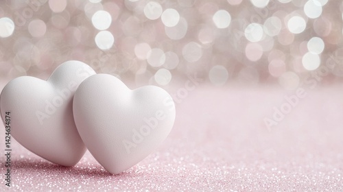 Two touching white hearts on a pink glittery surface, soft bokeh background