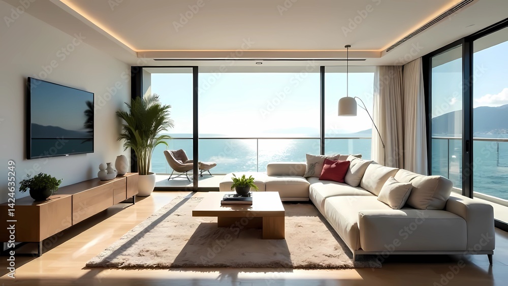 Fototapeta premium A modern, light green summer home, with sunshine from the window, light colored walls and soft furnishings