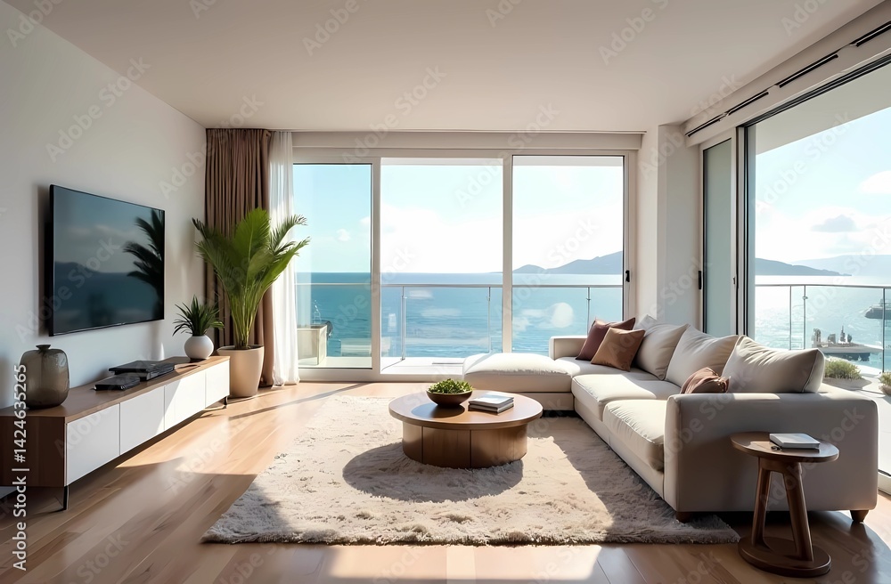 Fototapeta premium A modern, light green summer home, with sunshine from the window, light colored walls and soft furnishings