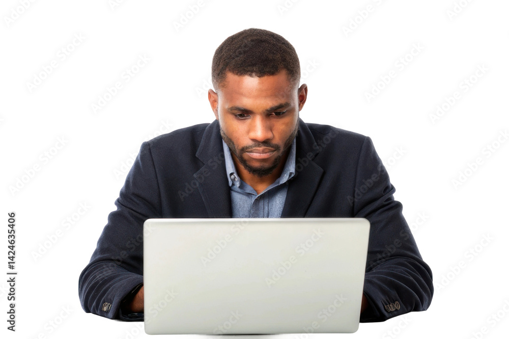 Focused man working on laptop in a professional setting with a serious expression and business attire Focused man working on laptop in a professional setting with a serious expression and business attire