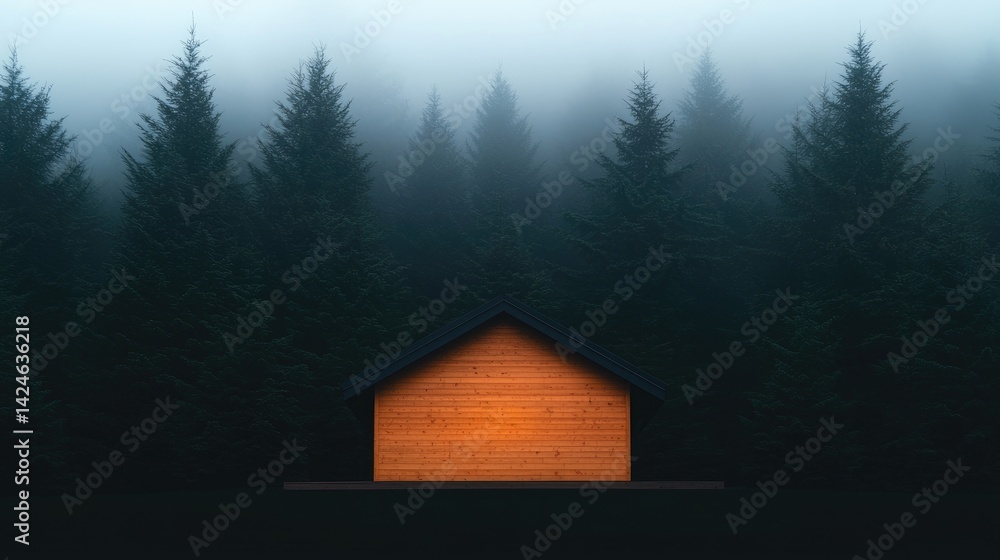 Small wooden cabin in a misty forest. Warm light illuminates the structure, contrasting with the dark surroundings Small wooden cabin in a misty forest. Warm light illuminates the structure, contrasting with the dark surroundings