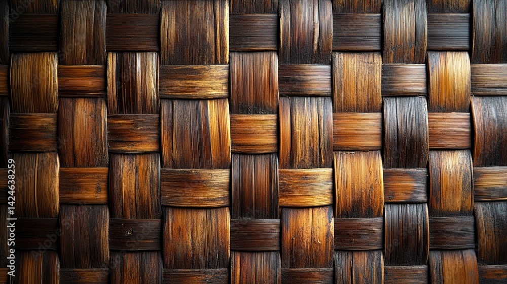 Close-up of Woven Brown Wood Texture with Natural Light and Shad Close-up of Woven Brown Wood Texture with Natural Light and Shad