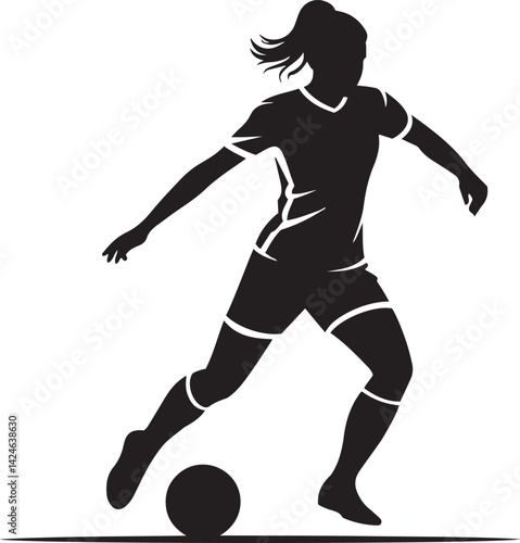 Female soccer player silhouette dribbling ball illustration for sports design and athletic branding