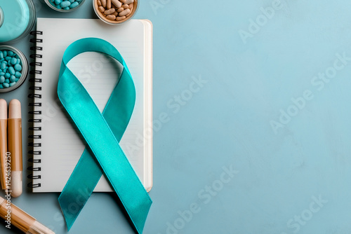 Awareness and support for health issues concept with teal ribbon, notebook, and wellness items promoting advocacy and resilience in the community