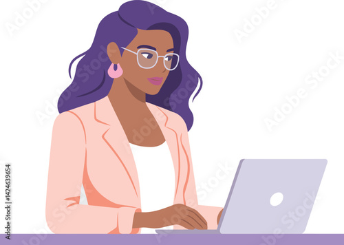 professional woman working on laptop vector illustration in modern flat style
