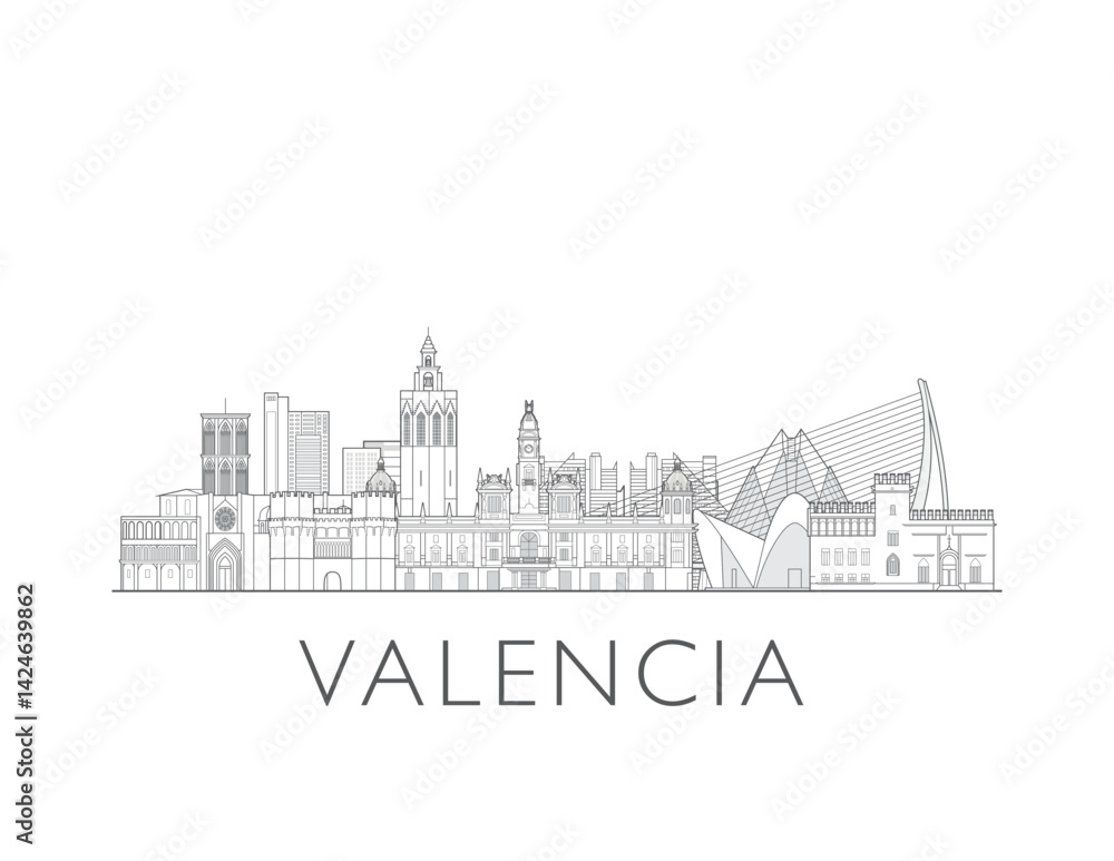 Obraz premium Valencia, Spain cityscape illustration skyline drawing