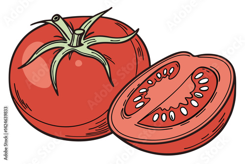 51 ripe tomato, photorealistic, vibrant red, smooth skin, green stem, round shape, glossy surface, high detail, white background, isolated object, studio lighting, food photography, macro shot, 8k res