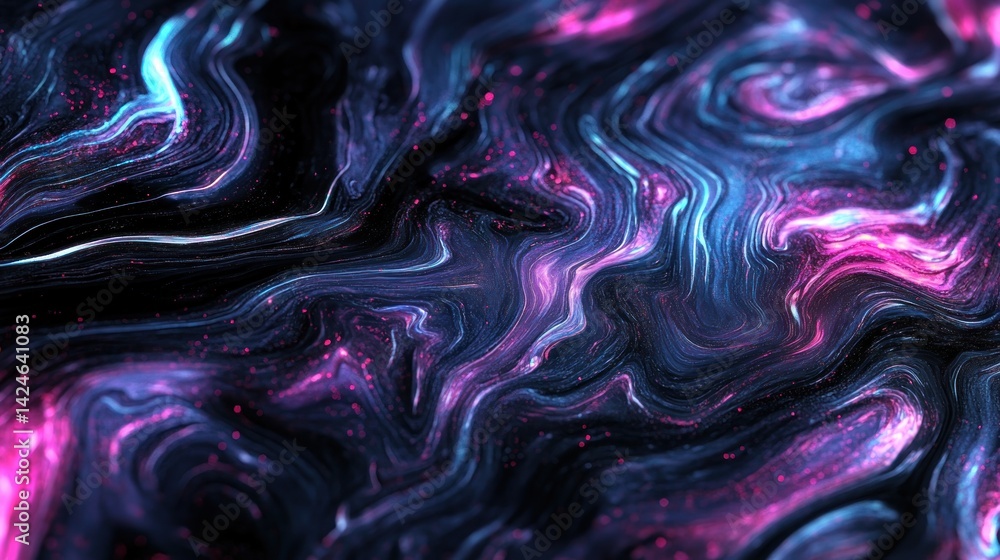 Obraz premium Abstract Neon Liquid Swirls: A mesmerizing digital artwork featuring vibrant neon pink and blue hues swirling in a dark background, creating a captivating and ethereal visual experience.