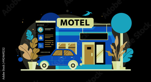 Motel overnight stay in a vibrant illustrated style with plants  