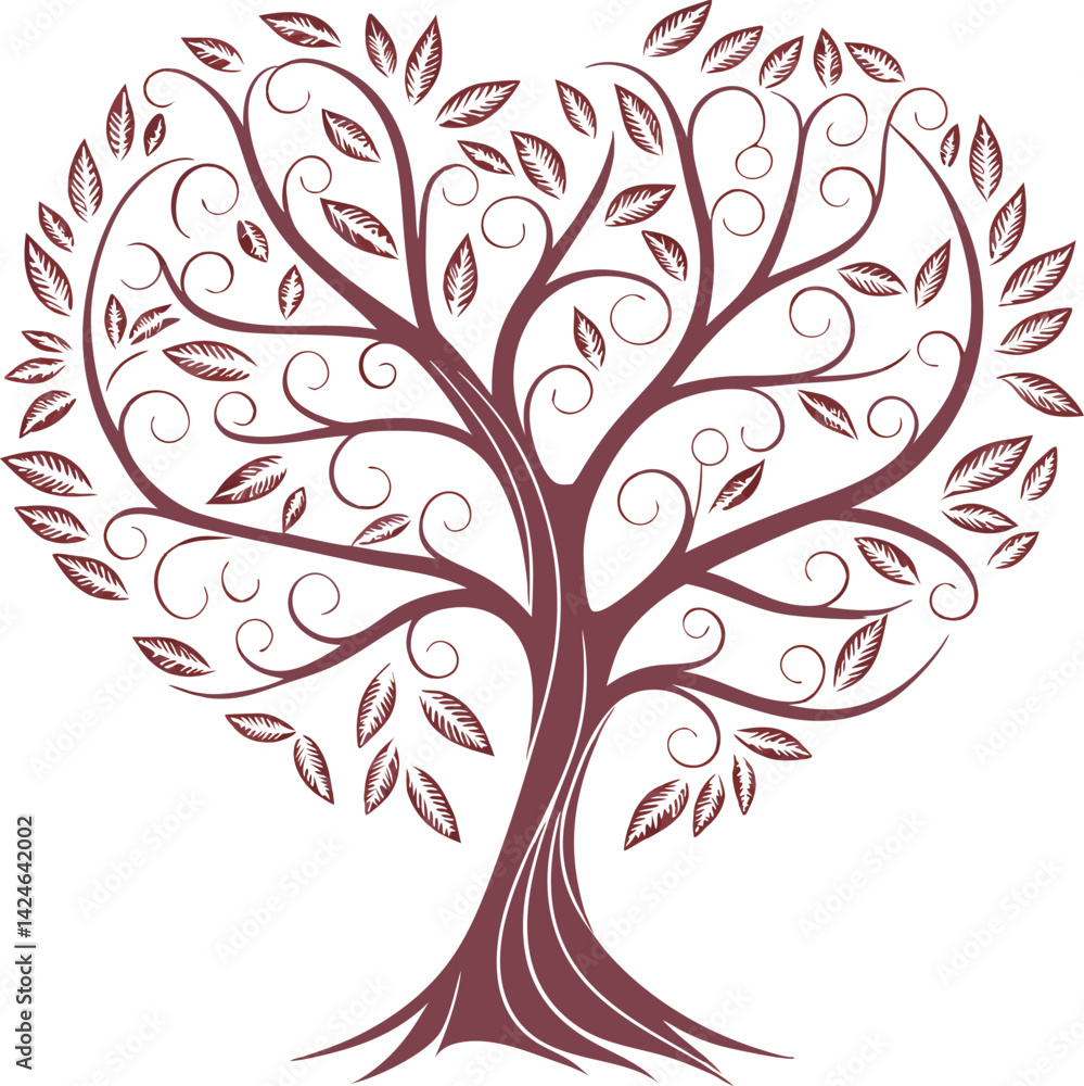 Obraz premium Heart shaped tree, flat color illustration intricate branches, symmetrical design