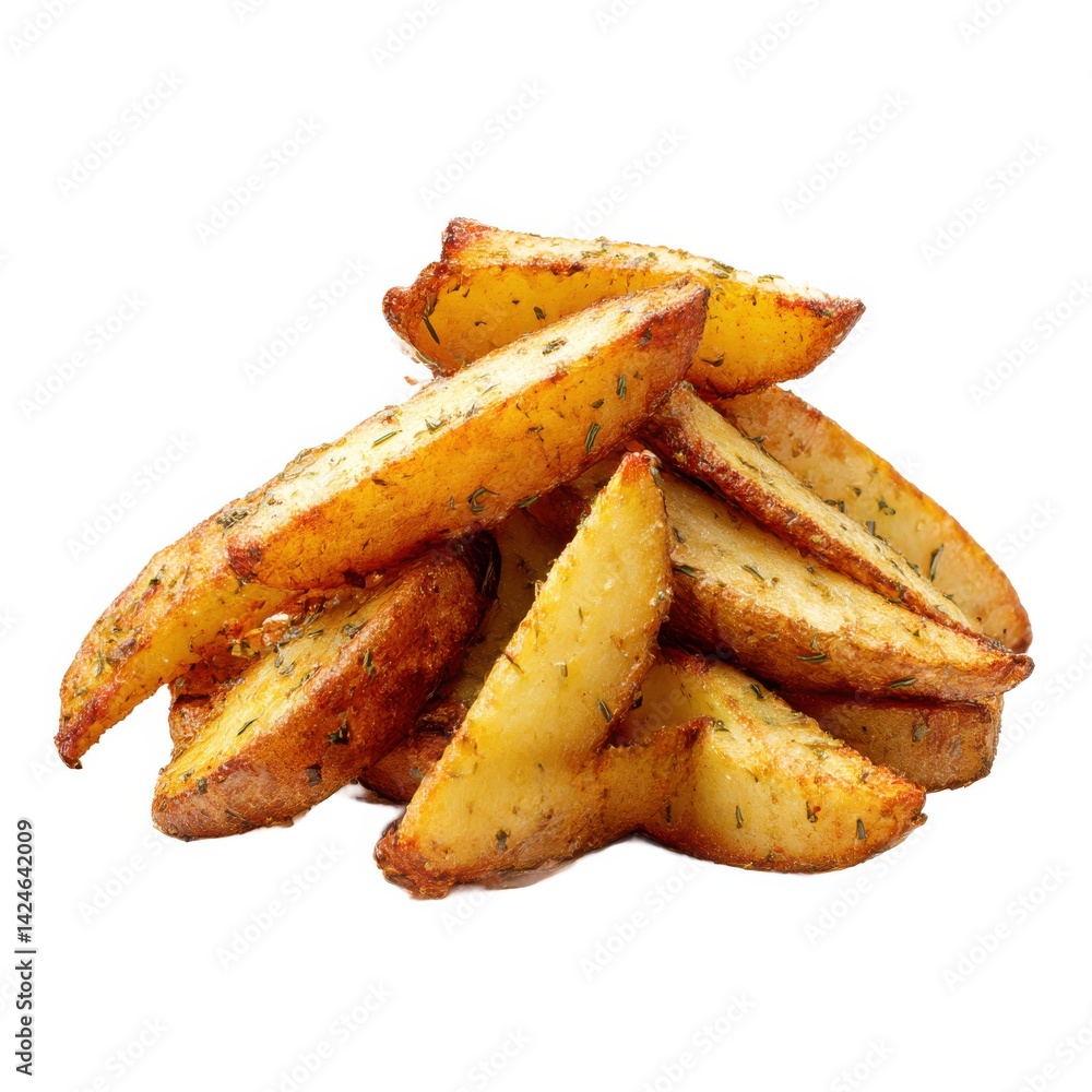 Pile of potato wedges with herbs on white background Pile of potato wedges with herbs on white background
