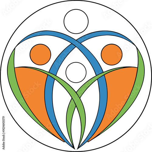 Abstract logo, stylized human figures, heart shape 