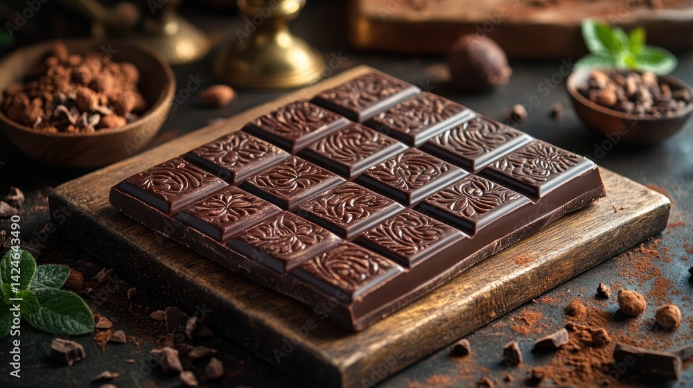 Dark chocolate bar on wooden board, surrounded by cocoa ingredients Dark chocolate bar on wooden board, surrounded by cocoa ingredients