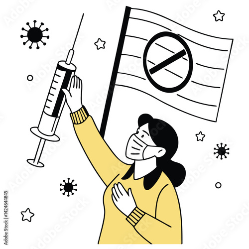 Anti vaccination protest, woman in yellow sweater, face mask, hands up gesture 