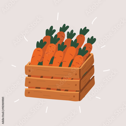 Cartoon vector illustration of a crate filled with fresh carrots, showcasing the harvest of nature's bounty