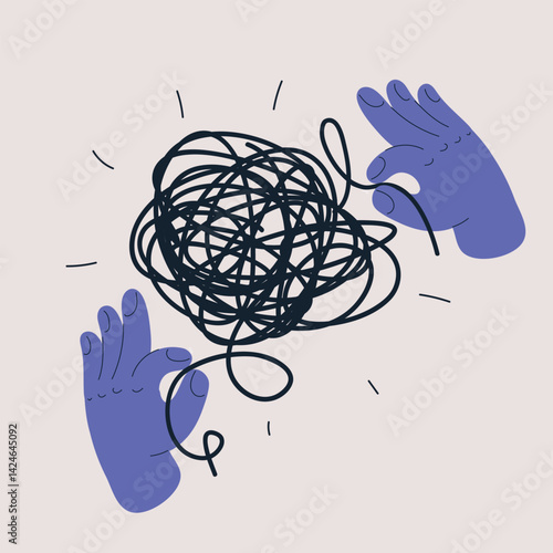 Cartoon vector illustration of hands untangling a tangled thread, symbolizing problem-solving and patience